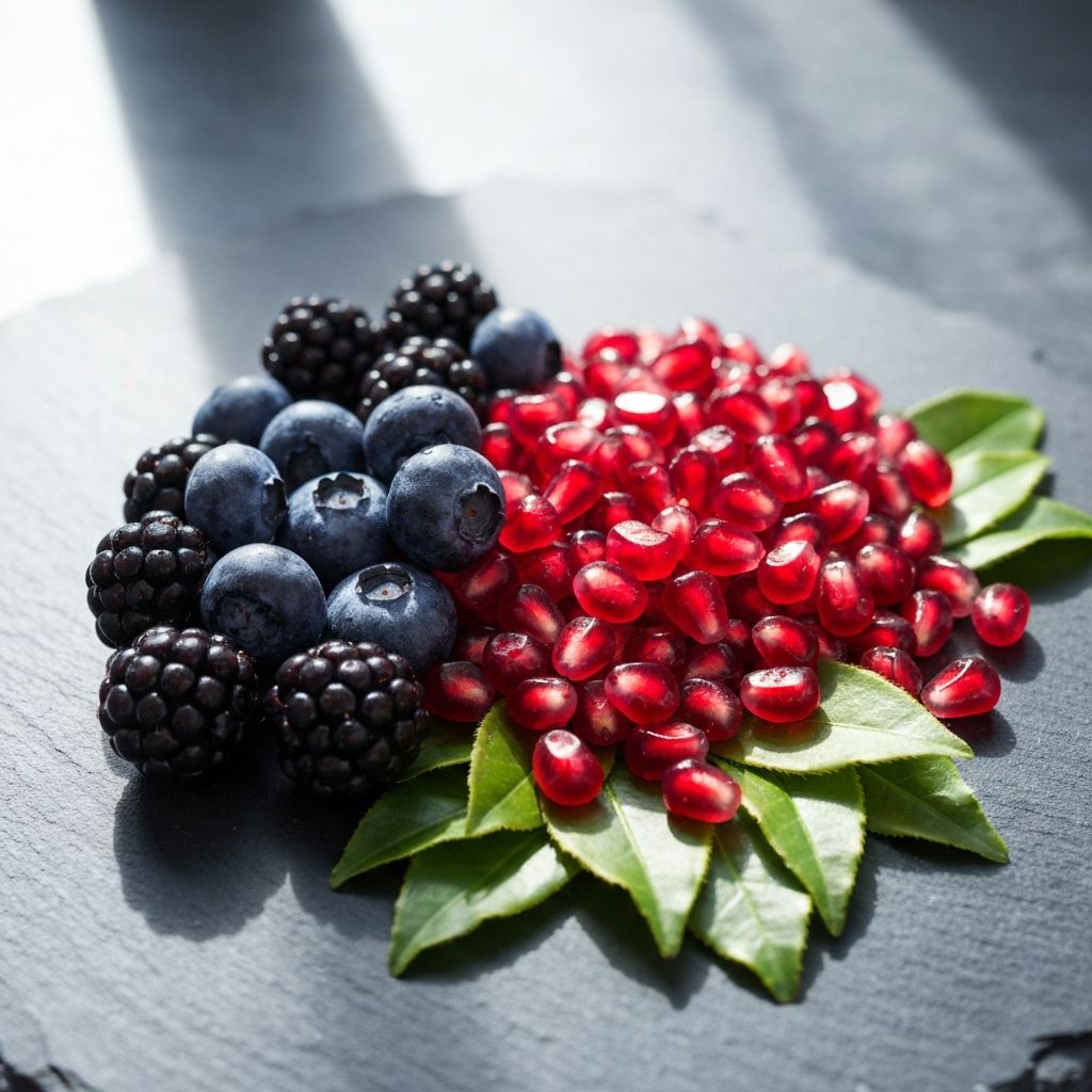 Buah beri gelap dan biji delima di atas permukaan batu
