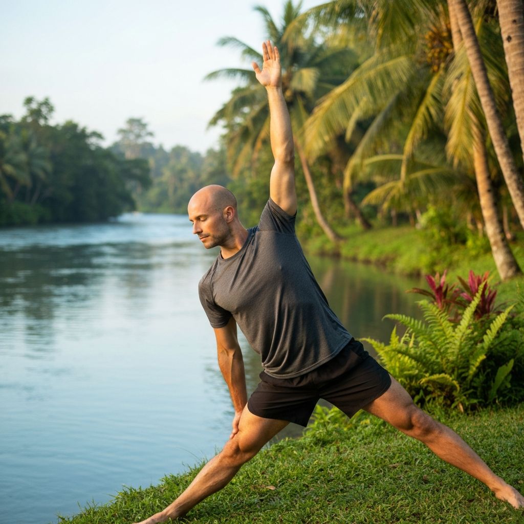 Pria melakukan peregangan pagi hari di tepi sungai dikelilingi pepohonan hijau