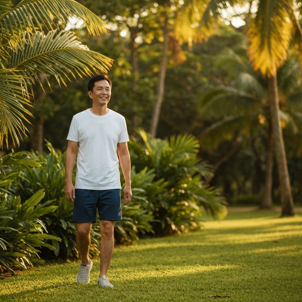 Pria paruh baya berjalan di taman tropis yang hijau di pagi hari