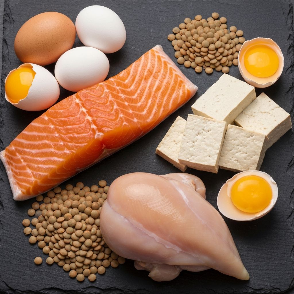 Aneka sumber protein alami, telur, ikan salmon, lentil, tahu di atas batu gelap